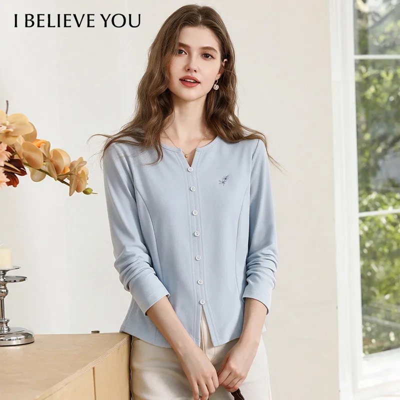 I BELIEVE YOU Elegant Long Sleeve T-shirt 2026 Autumn V-neck Button Decor Tees Embroidered Casual Blouse Fashion Top 2263016419