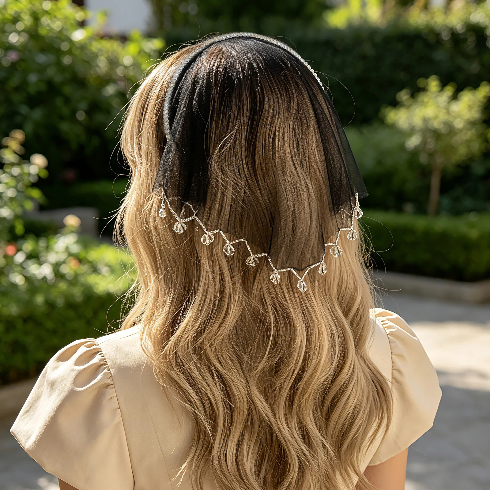 New Black Veil Thin Crystal Headband, Tassel Wrapping Bandana Hair Accessory For Party & Formal Events, Wedding Headpiece SA217