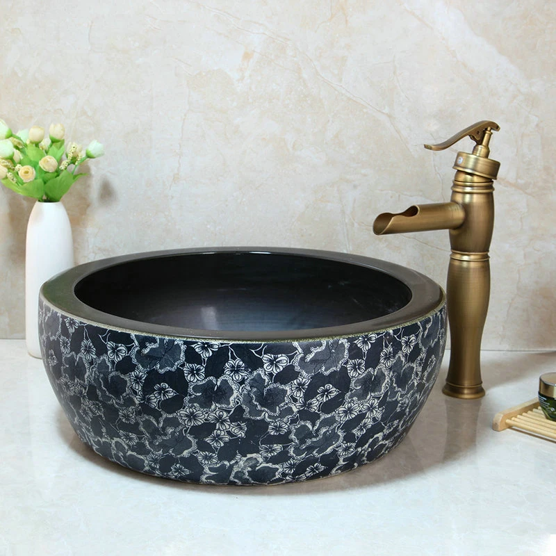 KEMAIDI  Ceramic Wash Basin Vessel Sink & Antique Brass Bathroom Faucet Art Sink Set Plated Golden Ceramic Basin Tap Set image 3