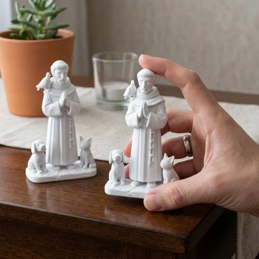 3D Printed Saint Francis Statue Praying Hand Pose Catholic Theme Religious Saint Figurine Plastic Sacred St Francis Sculpture