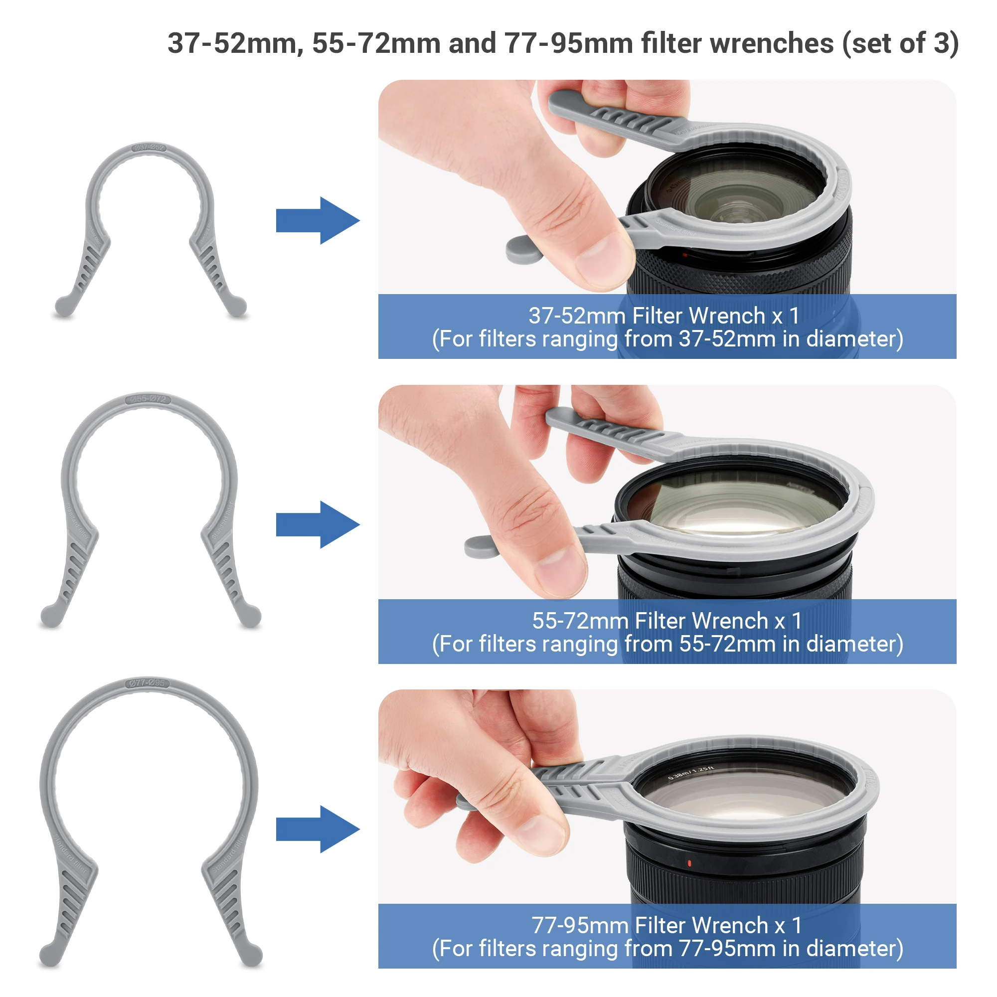 JJC Camera Lens Filter Wrench Kit for CPL UV ND Ultra-thin Filter Double-sided Removal Wrench Tool Fit 37 49 52 58 67 72 82 95mm