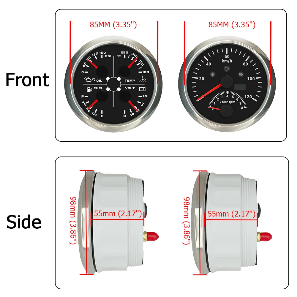 

Rhaxel 85mm 2in1 GPS Speedometer 120 200 KM/H MPH with Tachometer with 4in1 Multifunction Fuel Level 150PSI Oil Pressure 12V