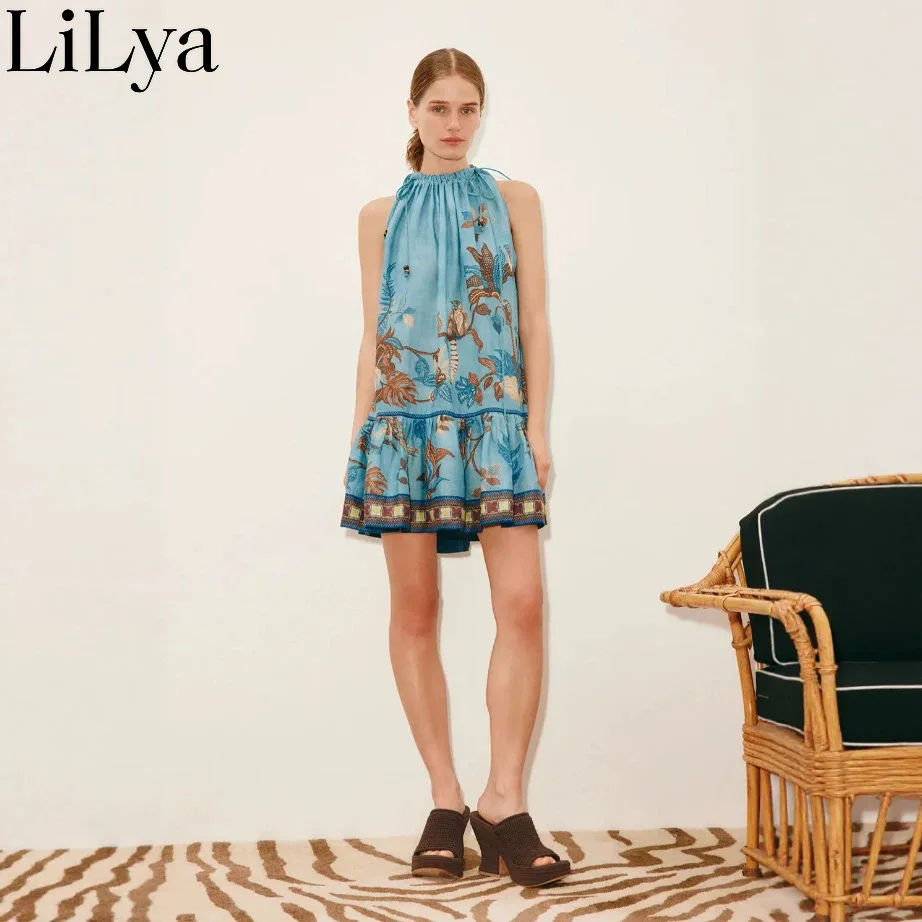 2026 New Vintage Fashionable Versatile Blue Floral Print Mini Dress Summer Halterneck Ruffle Women Casual Party Daily Dress