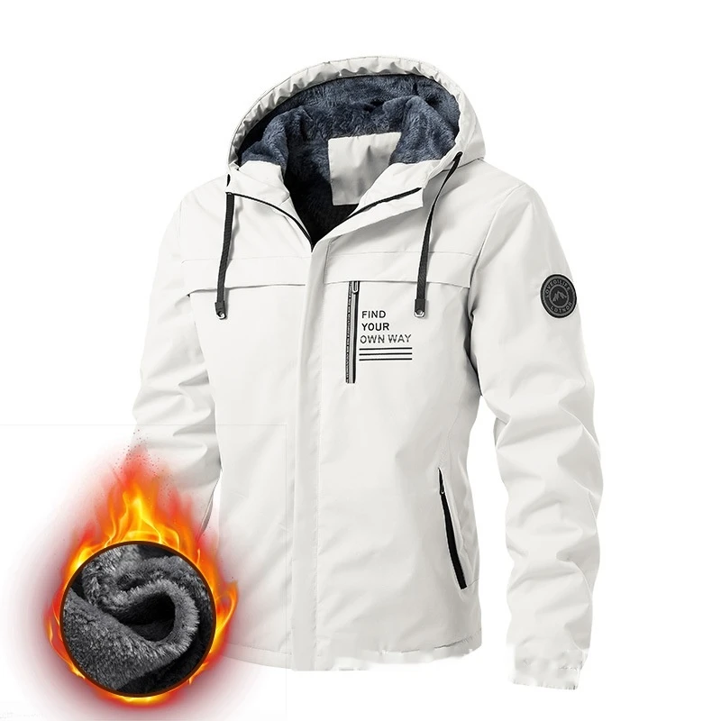 

GELITAYIN Winter New Men's Outdoor Fleece Windproof Waterproof Warm Jacket Casual Hooded Letter Solid Color Submachine Jacket Da