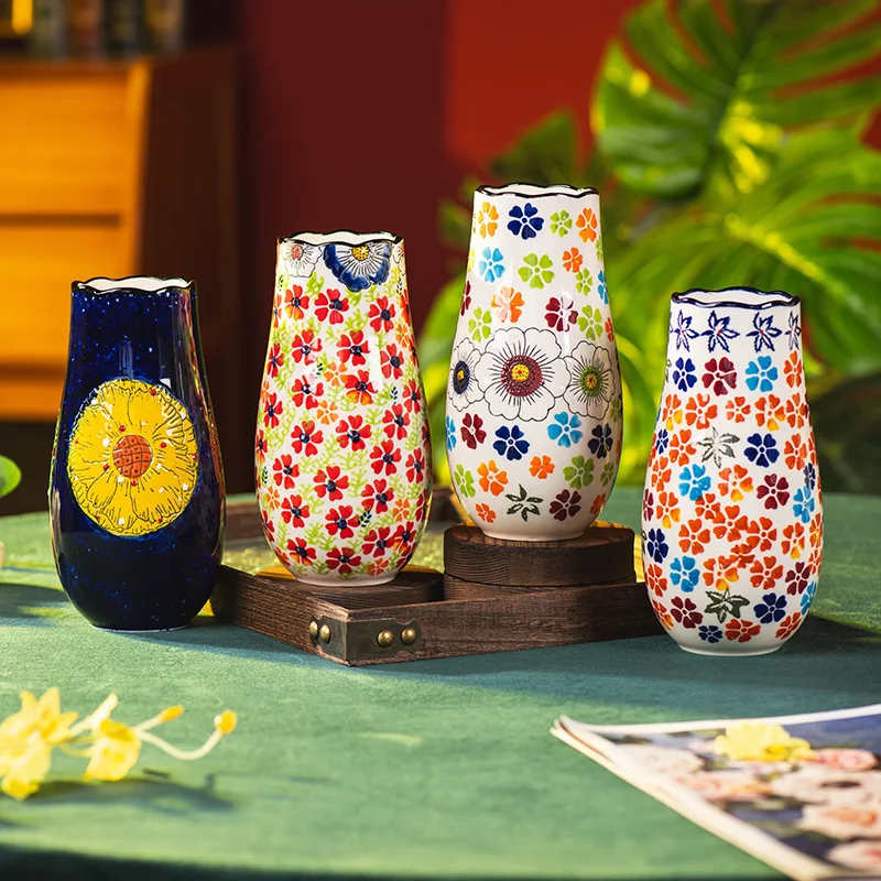 Rustic Hand Painted Ceramic Vase,Retro High-Grade Flower Vase for Home Living Room Decor, Tabletop Hydroponic Floral Arrangement