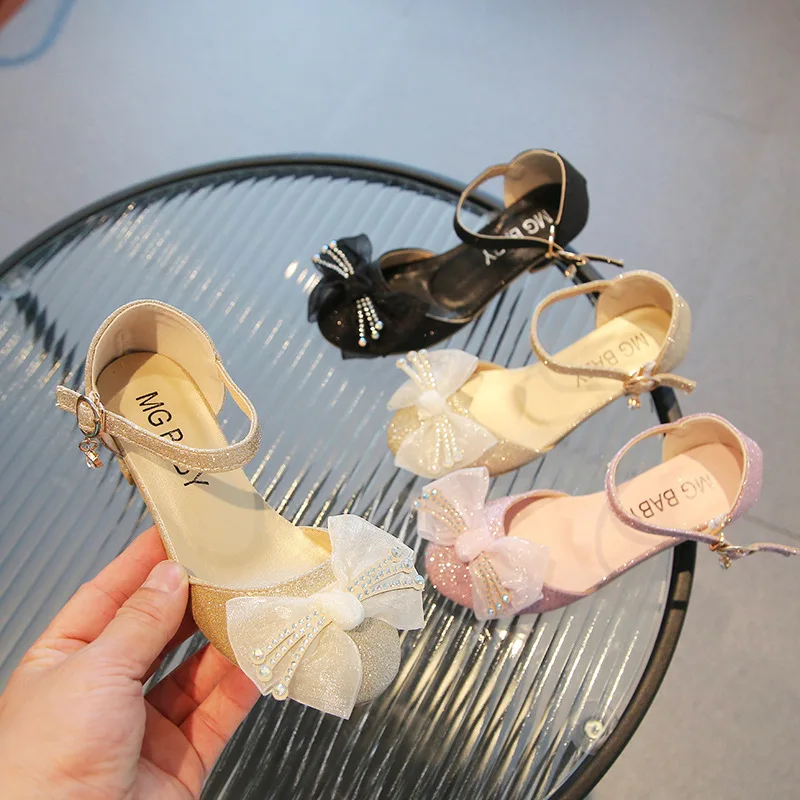 

Rhinestone Bling Wedding Party Dress Shoes Butterfly-knot Little Girl Pumps High Heels Sandals for Girls