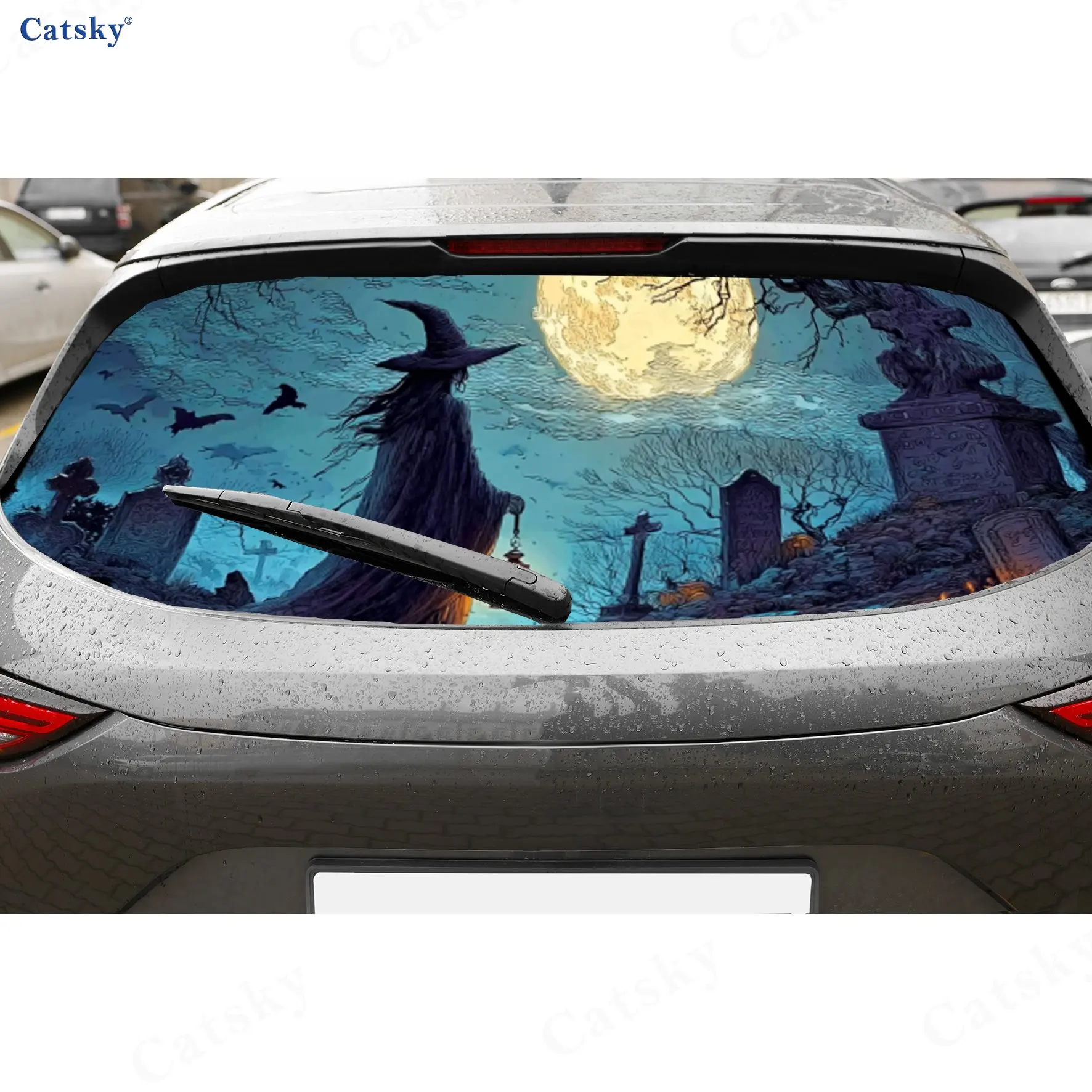 

Moonlit Witch Хэллоуин красочная наклейка на заднее окно автомобиля, водонепроницаемая самоклеящаяся оконная пленка, украшение автомобиля, граффити своими руками