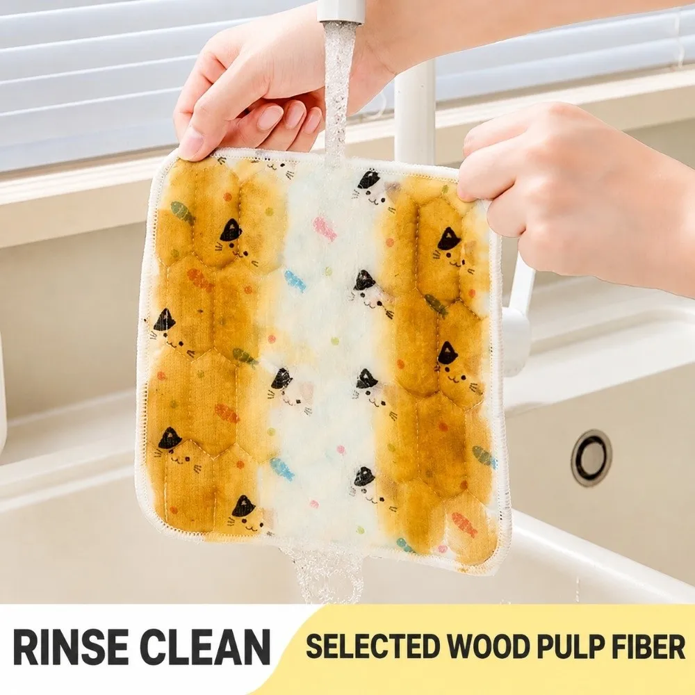 3Pcs New Cartoon Cat Dishcloth Wood Fiber Thickened Dish Washing Cloth Antibacterial Quilted Kitchen Towel Dish Washing