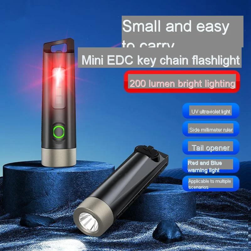 Flashlight Highlight Mini Key Chain Multifunction Led Warning Light Emergency Light Usb Tpye-C Rechargeable LongBattery Uv Light - Image 3