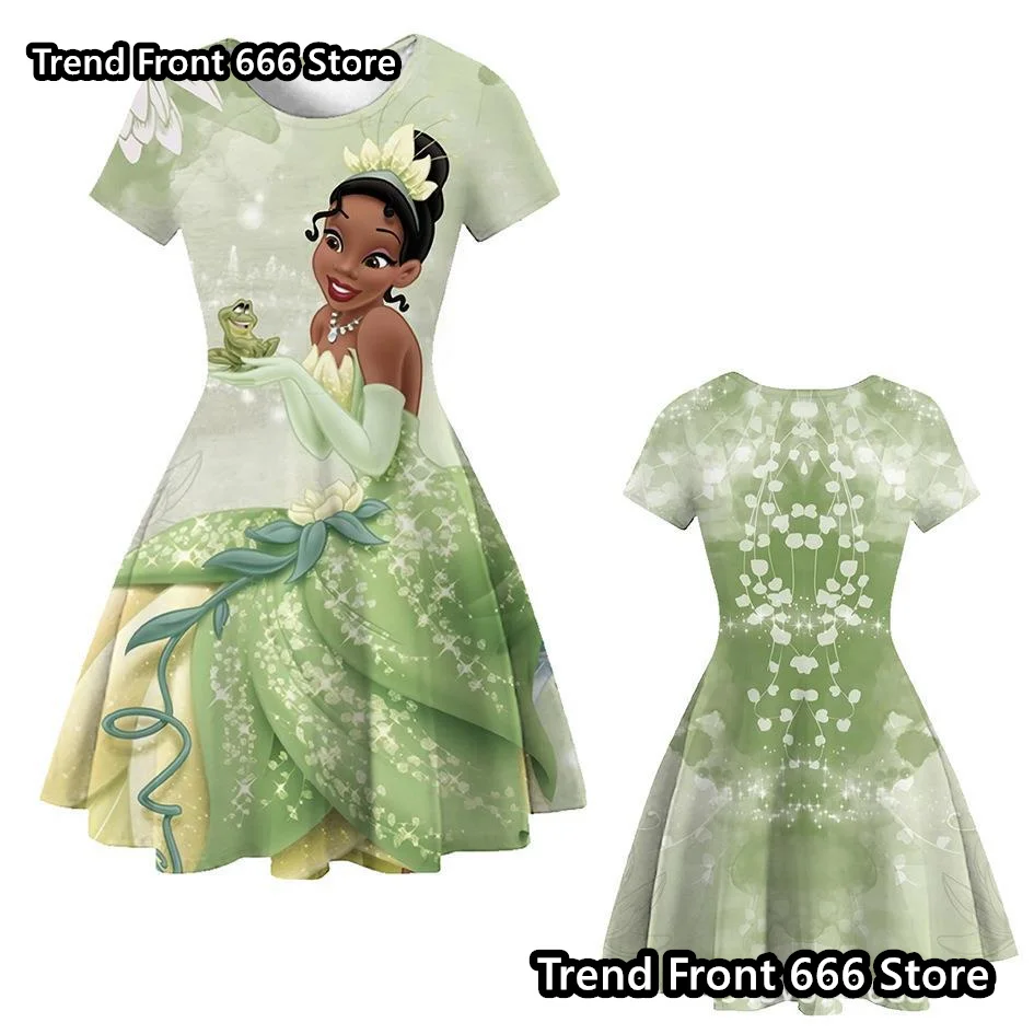 24/25 New Princess Tiana Cartoon Girls Dress Disney Princess Children\'s One-piece Knee Length A-line Short Sleeve Skirt