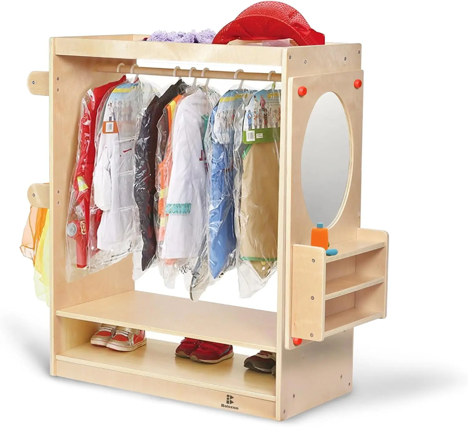 キッズドレスアップセンター 女の子/男の子ごっこ遊びクローゼット、オーガナイザー付き洋服ラックとミラーセット、コスチューム用収納棚、幼児モンテッソーリ
