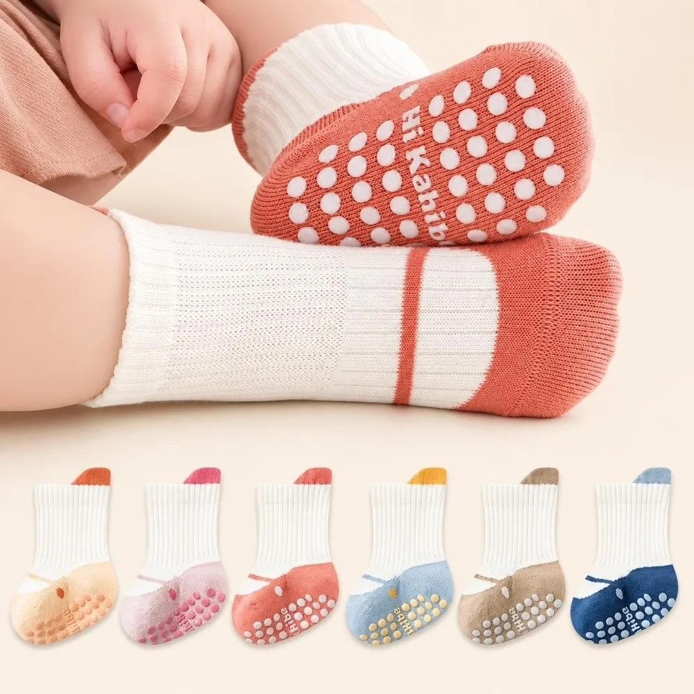 3 Pairs Rubber Grip Sole Anti-Slip Socks Non-Slip Elastic Cuff Toddler Cotton Socks Soft Cotton Comfortable Crawling Socks