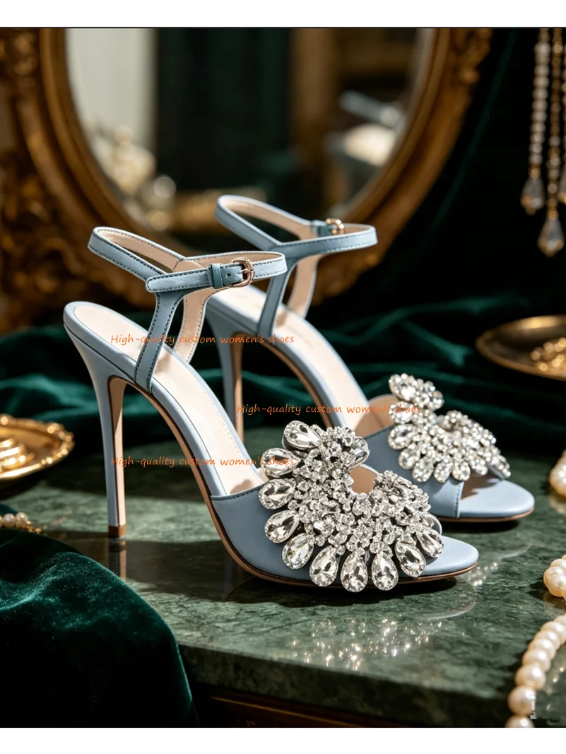 Haze Blue Shoe  C-shaped Silk Fabric Retro Women's Shoes Round Head Manual Dense Mosaic Water Droplets Big Diamond Evening Shoes