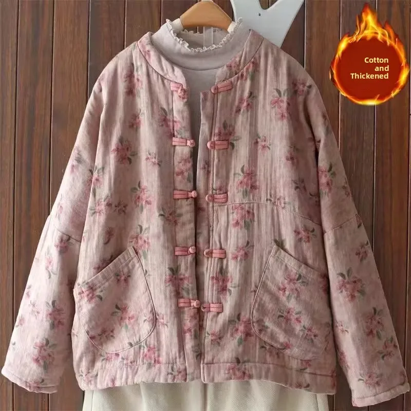 

Женская хлопковая куртка с ретро-принтом, на пуговицах, с воротником-стойкой, зимняя, утепленная, свободного кроя, с длинными рукавами «летучая мышь»