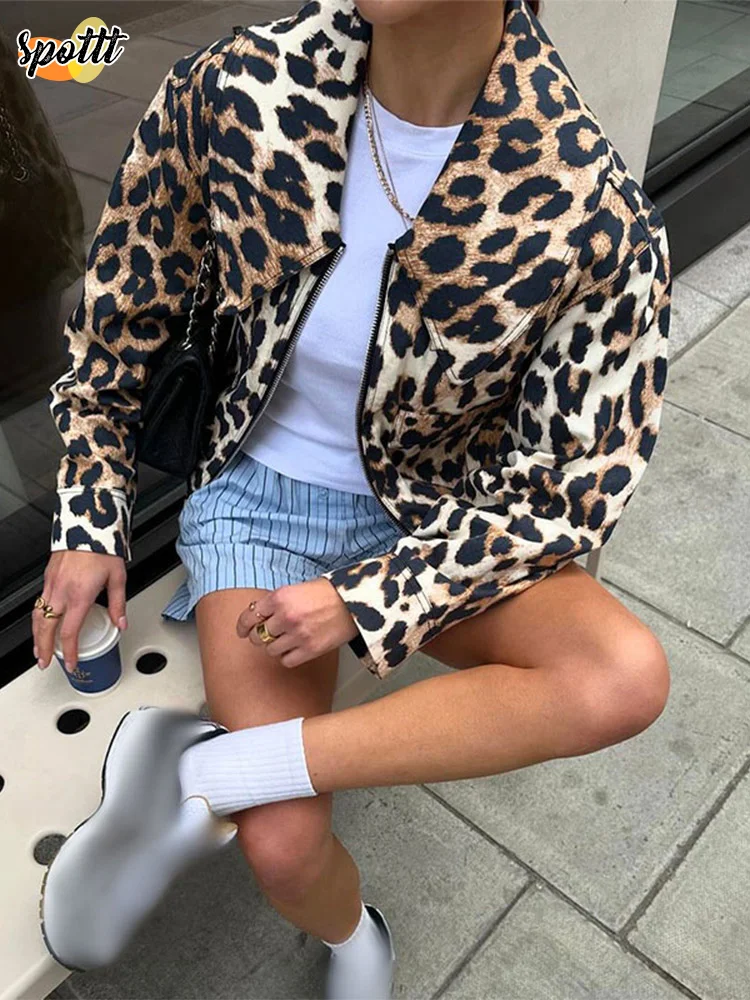 

Vintage Leopard Print Bomber Women's Jacket Elegant Lapel Long Sleeves Zipper Pockets Loose Coat New Autumn Highstreet Outerwear