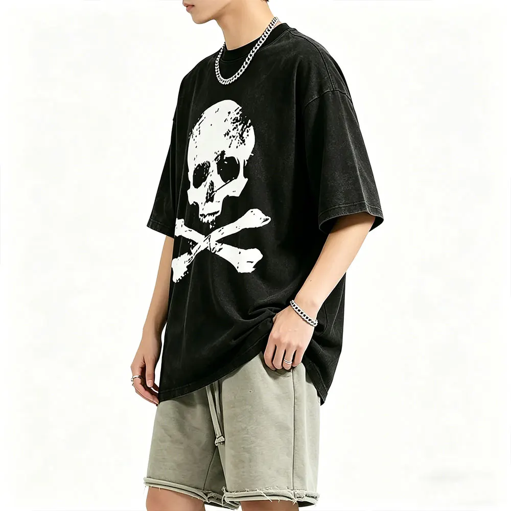 

Washed Vintage Beauty Hip Hop Pirate Skeleton and Cross Graphic T-shirt Men Retro Gothic Rock T Shirt Men's Oversized Streetwear