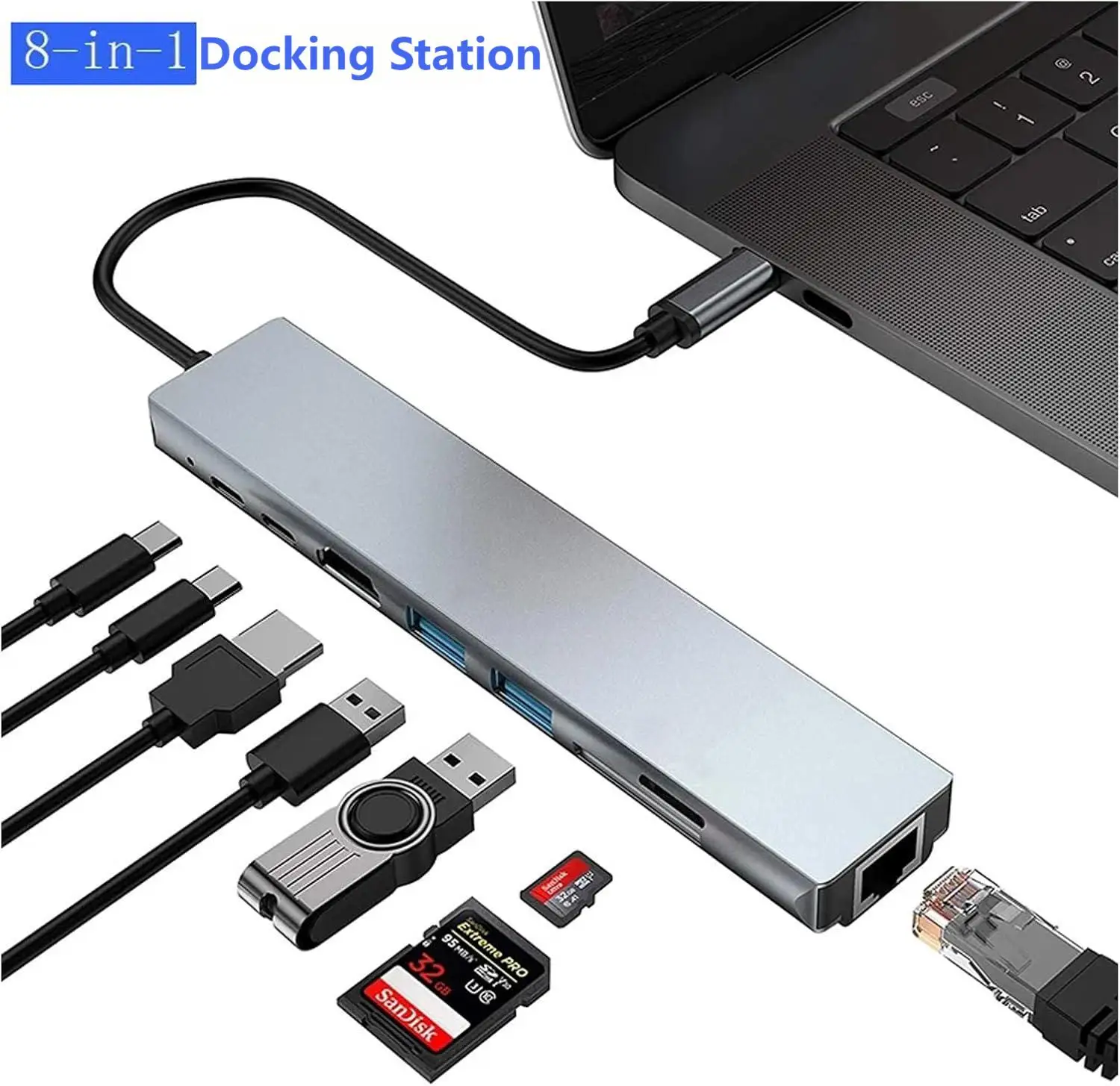 

Док-станция для ноутбука USB-C с 4K HDMI, 2 USB, Type-C, устройством чтения карт SD TF, адаптером USB-C 8 Вт PD 8 в 1 для MacBook IPhone