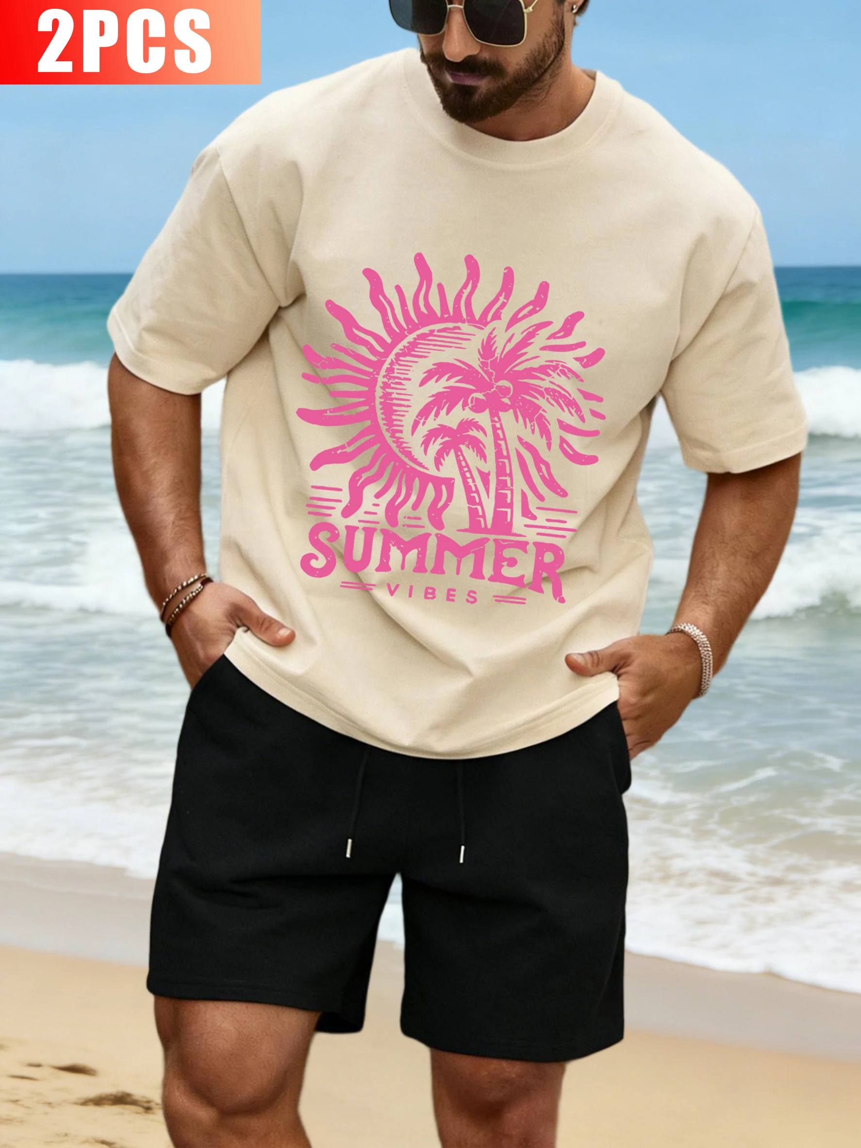 

Summer Sunset And Coconut Trees Print Sportset Men Cotton O-Neck T Shirt Drawstring Pocket Shorts Unisex Summer Fashion Clothing
