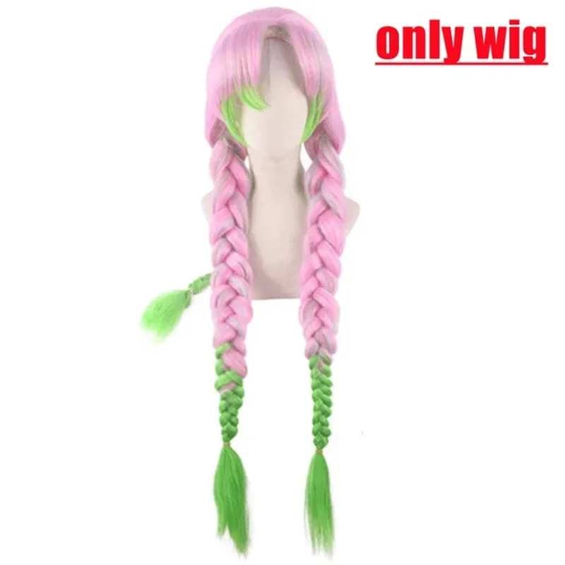 Hoge Kwaliteit Kanroji Mitsuri Cosplay Pruik Anime Lang Groen Roze Hittebestendig Synthetisch Haar Halloween Pruiken + gorra Pruik