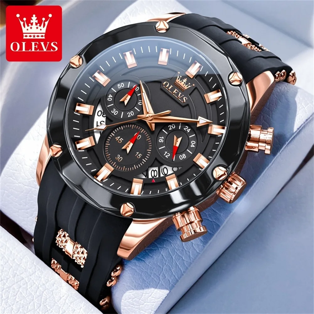 OLEVS-Montre de sport à quartz étanche pour homme, montre-bracelet chronographe à grand cadran, bracelet en silicone Shoous, mode 9991, 45mm