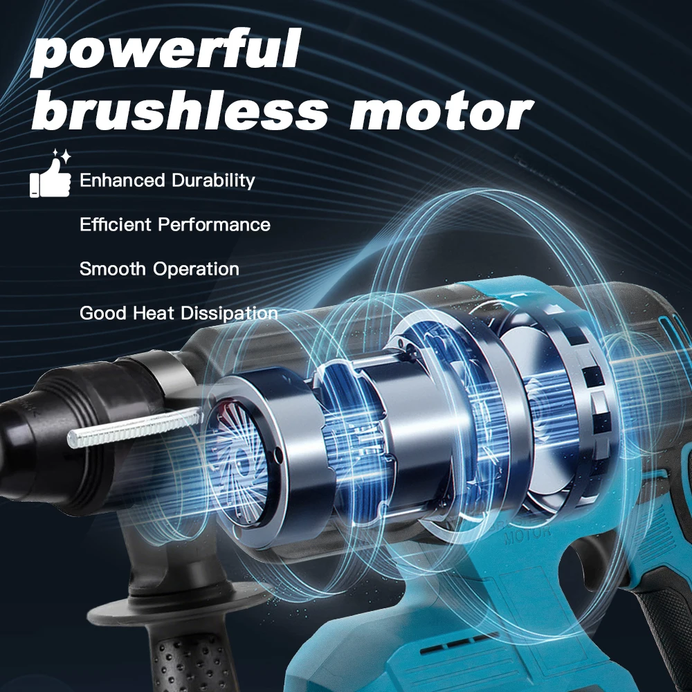 26MM Brushless Electric Heavy Duty Hammer Multifunctional Rotary Cordless Rechargeable Impact Drill for Makita 18V Battery
