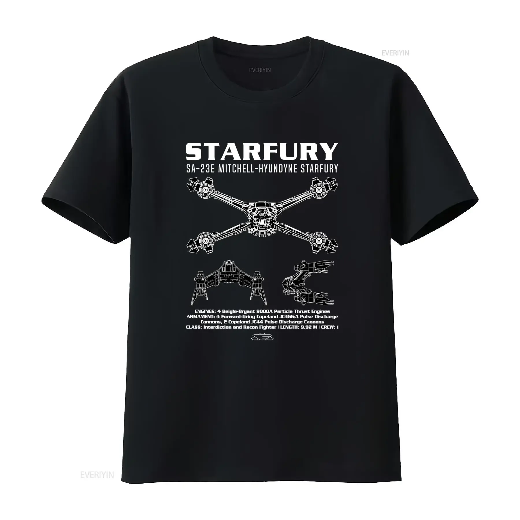 Cool Sci Fi Starfury SA 23E Spaceship Blueprint Line Art Print Casual T Shirt vintage Washed Versatile Breathable Soft
