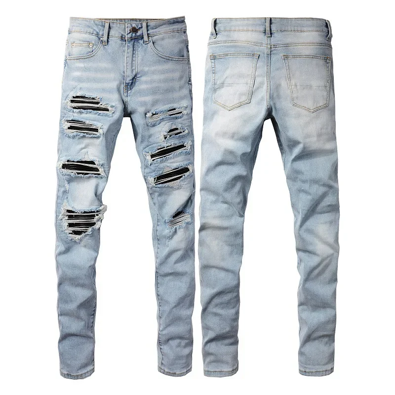

2024 New Spring Summer Man Jean American High Street Light Blue Patch Leather Slim-Fit Vintage High Quality Stretch