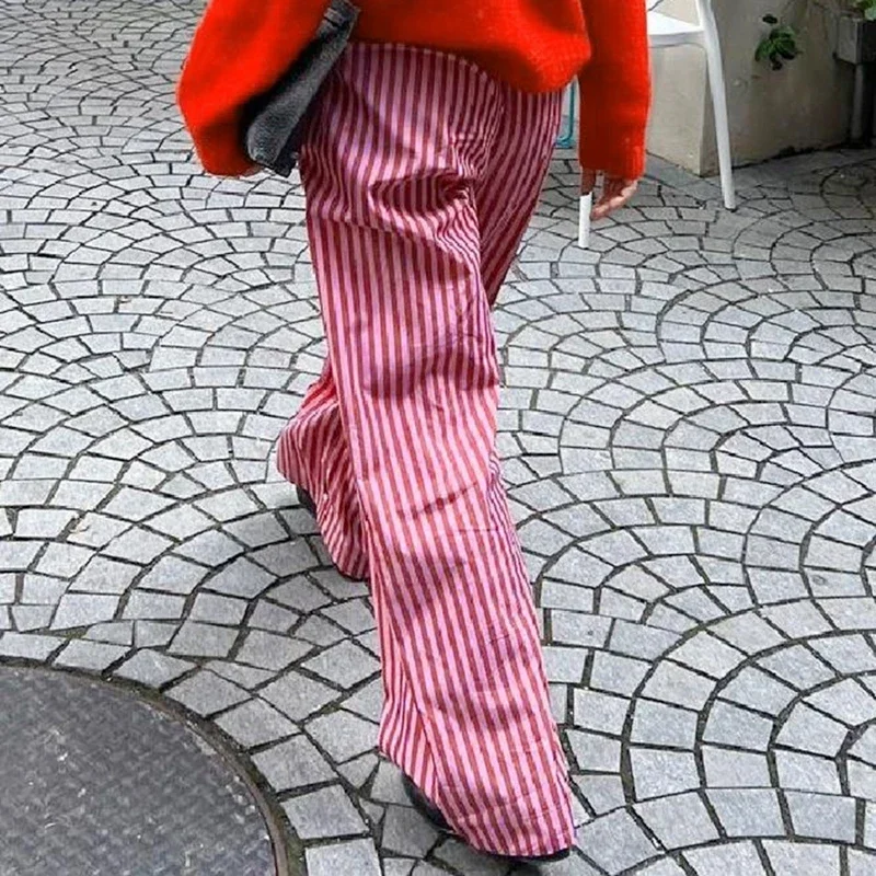 Casual Loose Wide Leg Pants Solid Color/Stripe Print Elastic Waist Trousers Women Fashion Work Office Streetwear Lounge Outfits