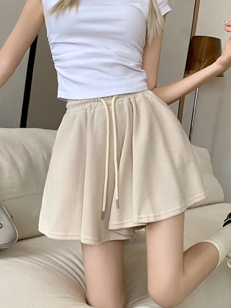 Korean Style Drawstring Sports Shorts Women Summer 2026 Elastic Waist Loose A-Line Casual Wide Leg Pants Skirt Pants Versatile