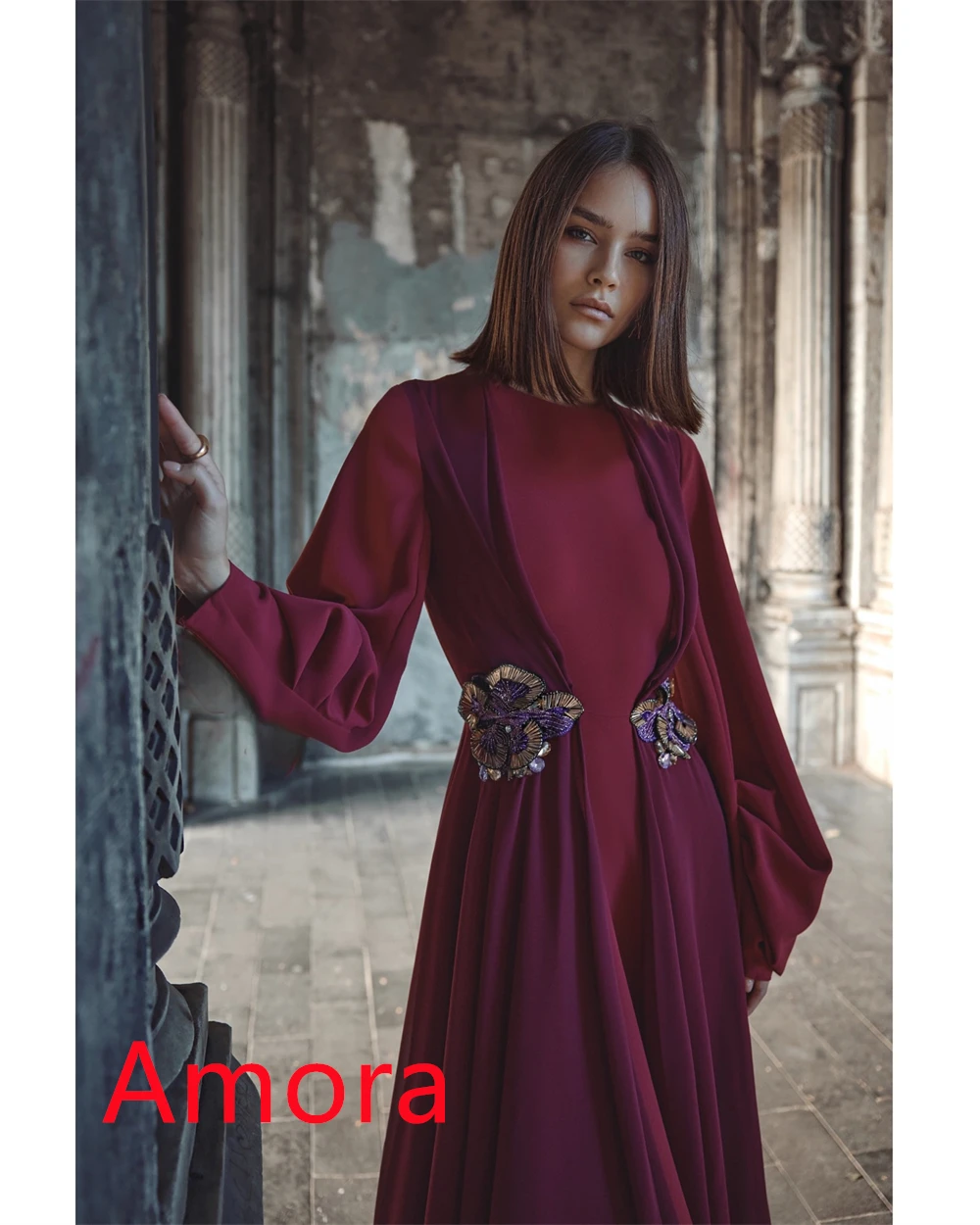 Темпераментное бордовое вечернее платье из джерси по индивидуальному заказу, изысканное платье с круглым вырезом и длинными рукавами, со шлейфом, платья для особых случаев на заказ