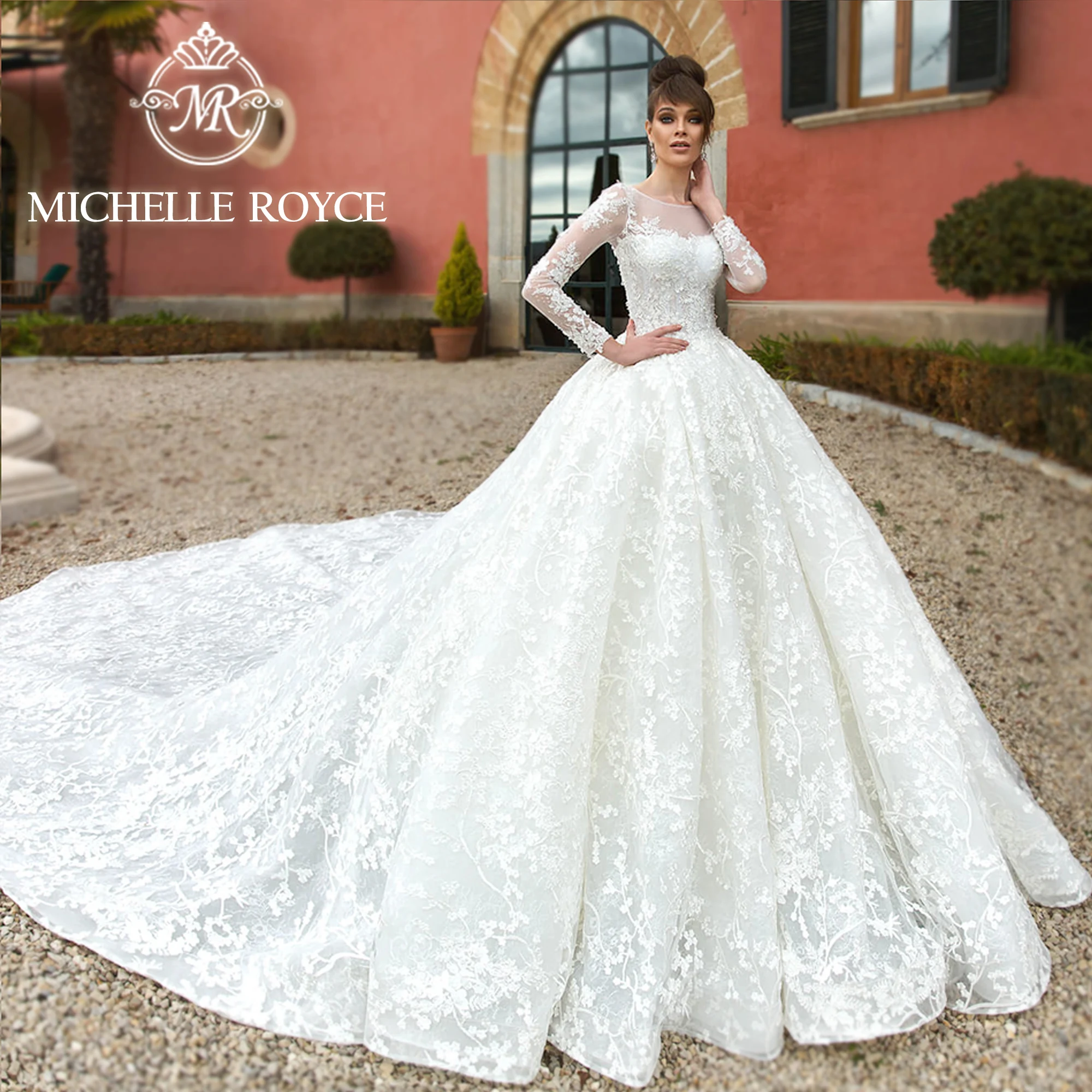 Michelle Royce Ball Gown Wedding Dresses For Woman Elegant Invisible Neckline Beading Long Sleeve Wedding Gown Vestidos De Novia