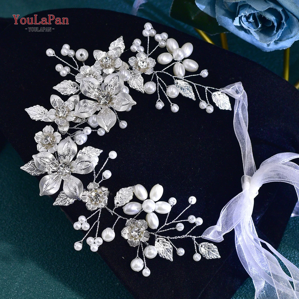 

YouLaPan Silver Color Alloy Flower Bride Headband Pearl Wedding Headwear Crown Tiara Ribbon Headpiece Hair Jewelry HP749