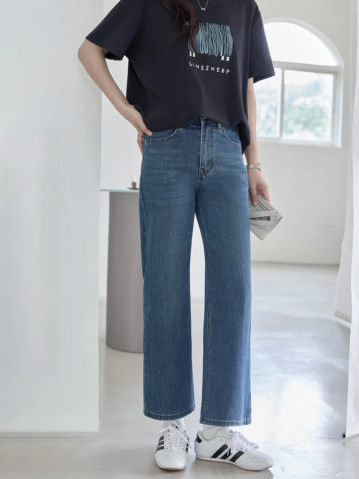 

Синие джинсы с высокой талией, женские, облегающие, укороченные, летние, новый стиль, универсальные, прямого кроя, для повседневной носки, без эластана