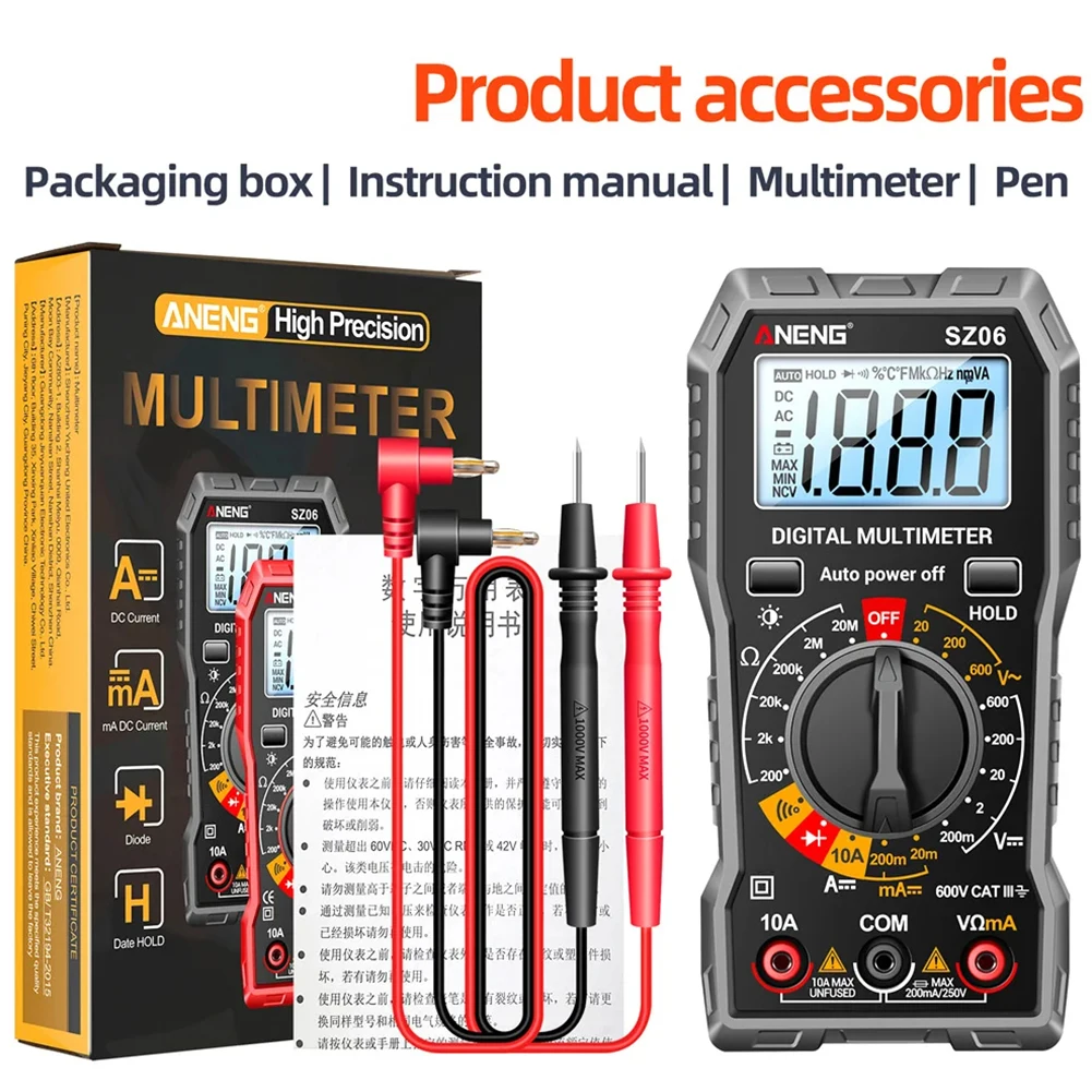 SZ06 มัลติมิเตอร์แบบดิจิตอลแรงดันไฟฟ้า AC/DC Ammeter 600V โวลต์มิเตอร์มัลติมิเตอร์ช่างไฟฟ้า LCD Backlight Ohm Test