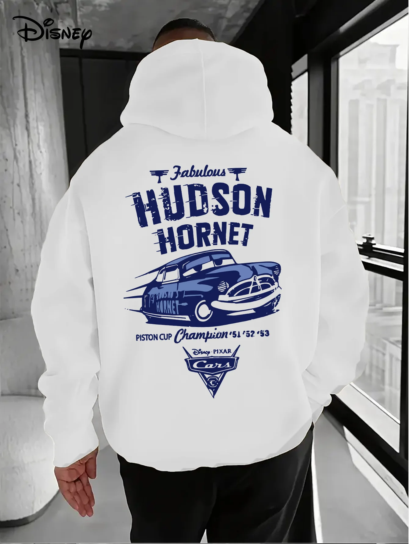 

Толстовка с изображением машинок Disney Pixar, белая хлопковая толстовка с героями мультфильмов Hudson Hornet с синим принтом гоночного автомобиля, повседневная толстовка для взрослых