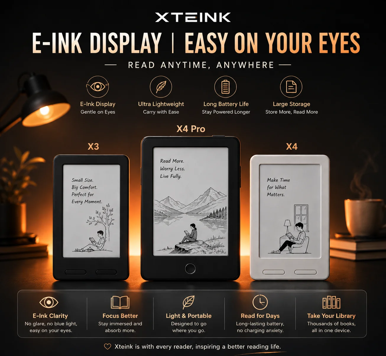 XTEINK X3 E-book X4pro Reader Portable 3.7inch Screen 4.3 Thin Electronic Paper Ink Screen E-Reader 16G Memory High Resolution