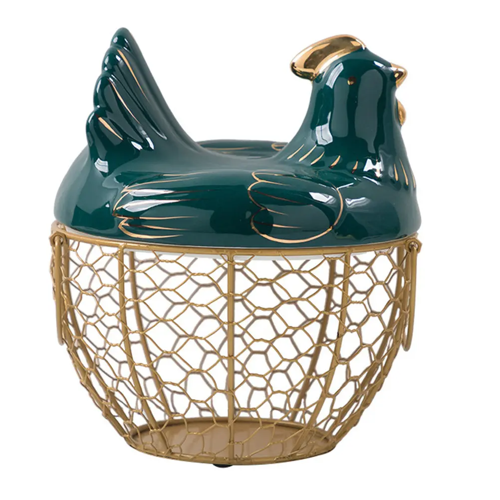 1Pcs Small Chicken Shaped Iron Art Egg Storage Basket Ceramic Base Decorative Kitchen Organizer Space Saving Fruit Vegetable