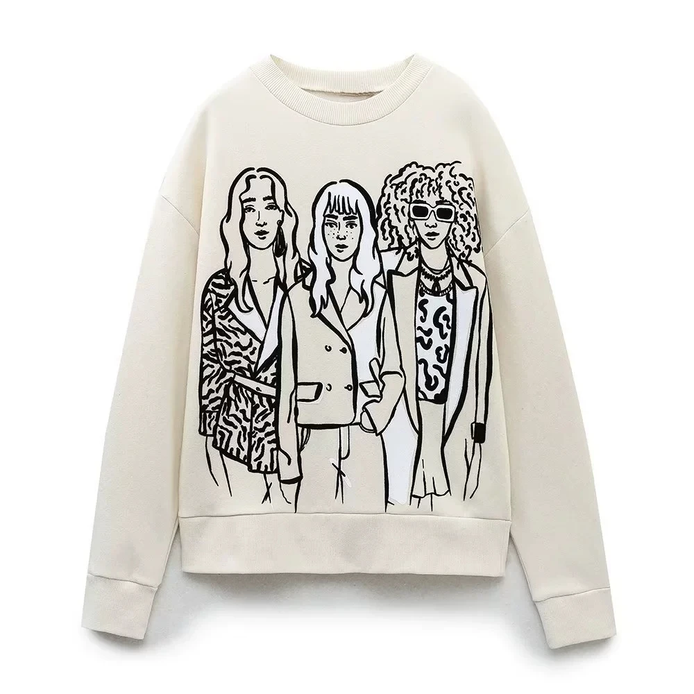 Trendy Print Hoodie Women Autumn Winter New Fashion Casual Long Sleeve O Neck Lady Commuting Pullover Sweatshirt Streetwear New