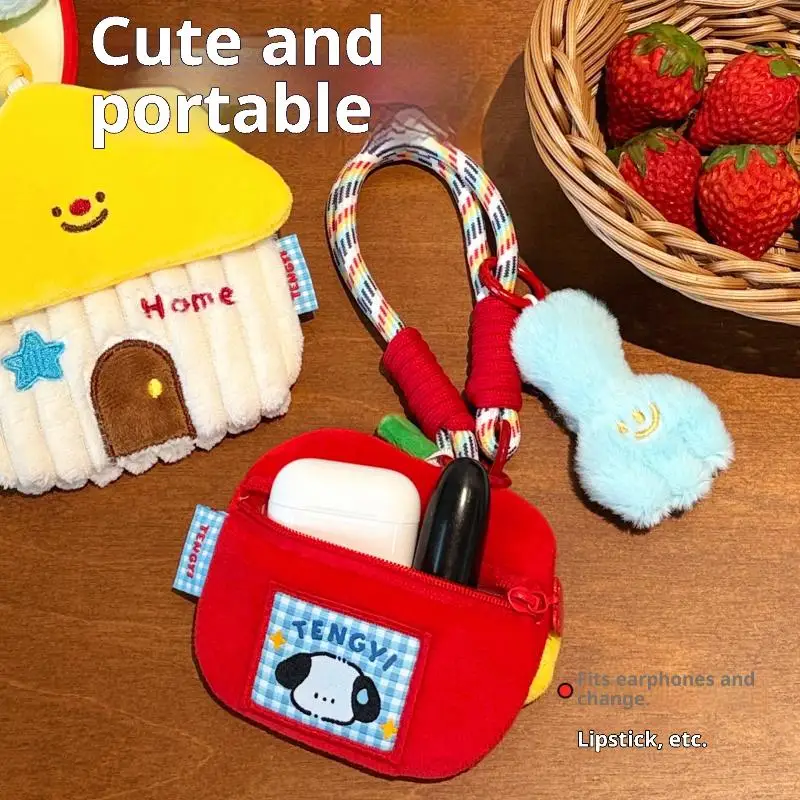 Cute Cartoon Plush Cottage Coin Purse Keychain Kawaii Plush Jewelry Storage Bag Pendant Backpack Handbag Decoration Pendant Gift