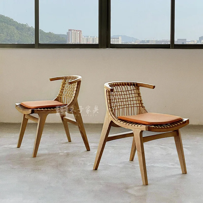 

Wabi Sabi Wind Dining Chair Solid Wood Simple Armchair Art Rope Chair Homestay Restaurant Leisure Chair
