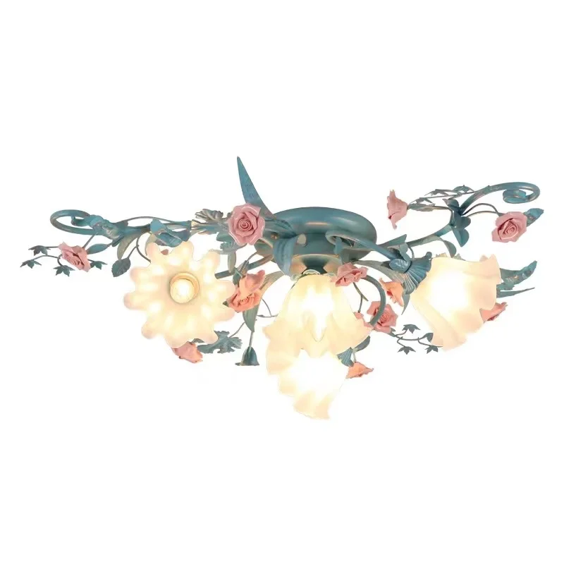 

Korean Garden Flower Herb Chandelier Bedroom Mediterranean Romantic Colorful Rose Home Decoration LED Light Glass Pendant