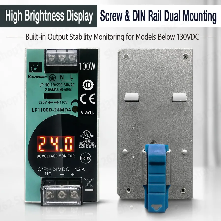 100W DIN Rail Power Supply 24V 12V, REIGNPOWER Switching Source with Digital Display and Short Circuit Overload Protection CE UL