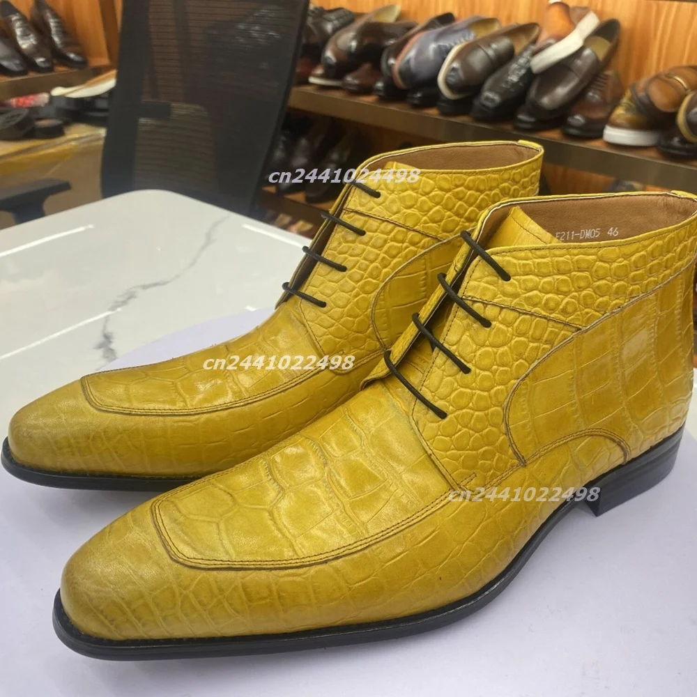 Crocodile Embossed Leather Mens Ankle Boots, Bright Yellow Lace Up Square Toe Formal Dress Boots, Handmade Textured Leather Shoe