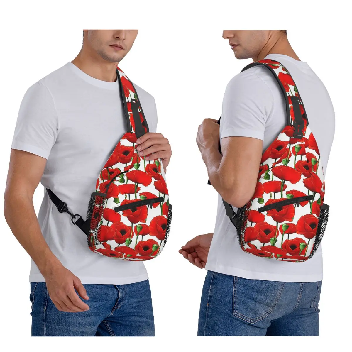 Poppy Pattern Chest Bag Men Sling Crossbody Backpack Chest Bag Traveling Hiking Daypack Shoulder Bag