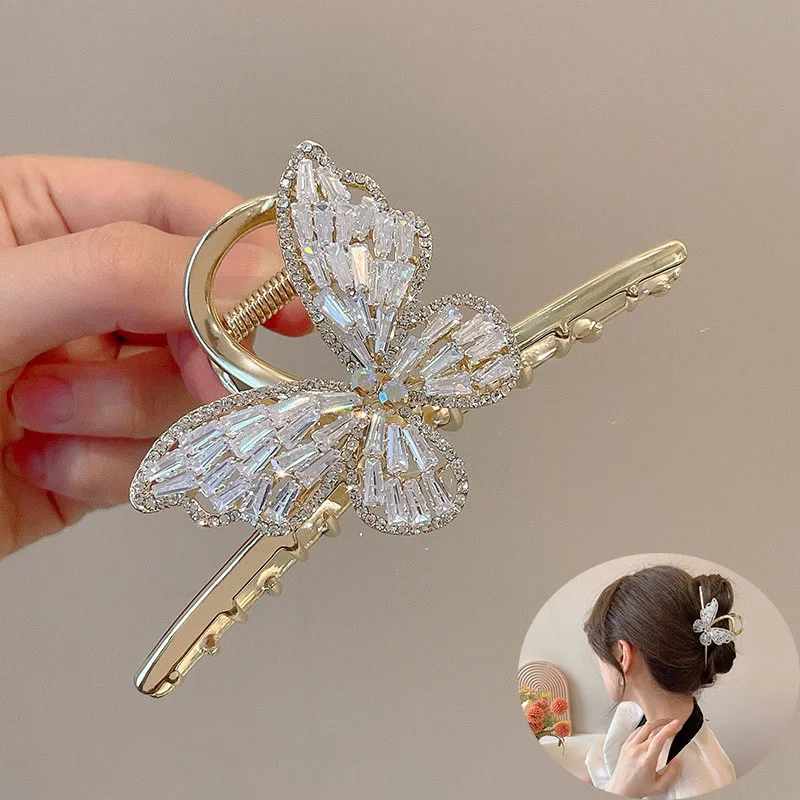 New Large Shark Clip Metal Butterfly Hair Claw for Women Rhinestone Hairpin Dish Up Hair Clips Gripper Claws Ponytail Claw Clip