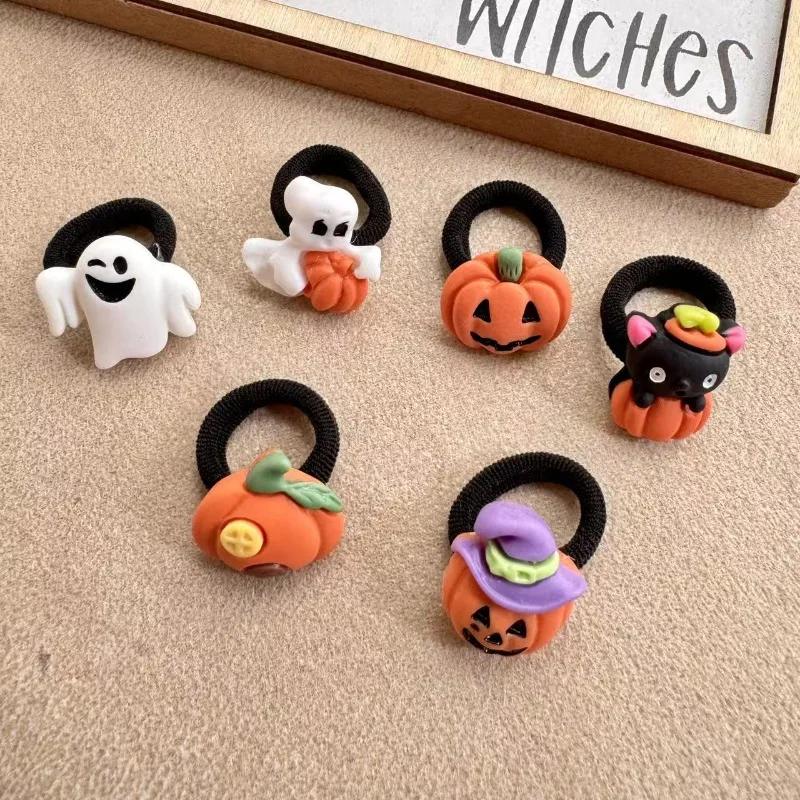 10/20Pcs Kids Halloween Hair Ties Cute Pumpkin Ghost Black Cat Elastic Hair Bands Girls Ponytail Party Hair Accessories