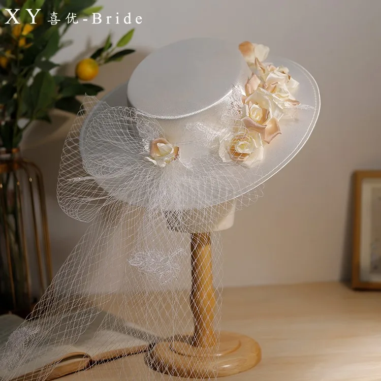 Brand White Satin Flower Fedoras For Women Large Deep Wedding Hat With Face Veil Bride Photo Shooting Fascinator Hat Headdress