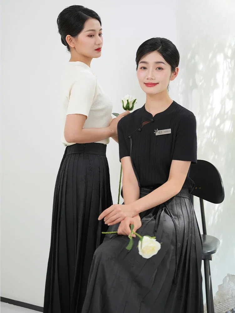 2025 New Arrivals Beautician Work Clothes Female Chinese Style Blouse and Horse Skirt Set Logo Customize Spa Uniforms Women