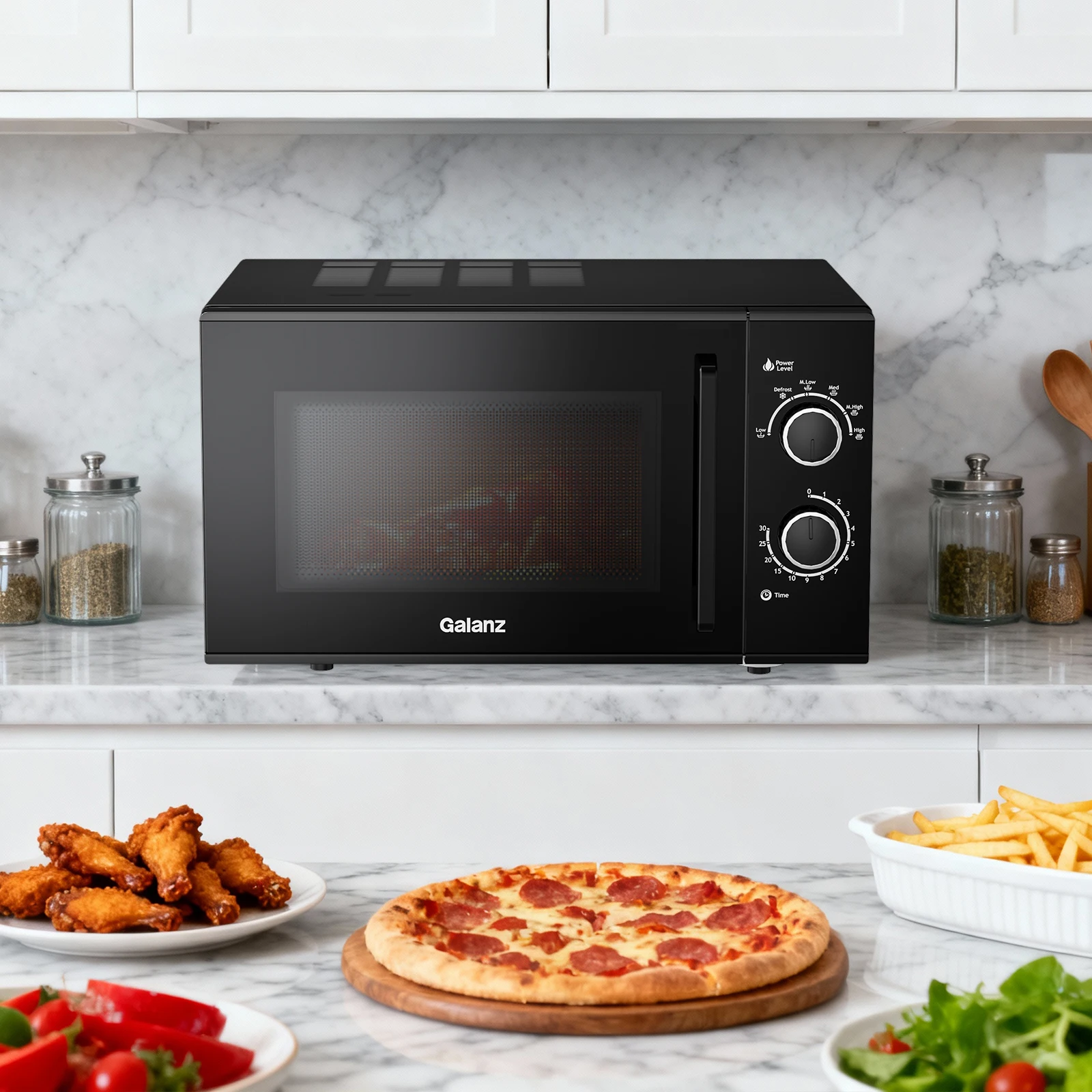 Horno Microondas Mecánico Galanz de 25L y 900W, Disponible en Blanco y Negro, 6 Niveles de Potencia, Descongelación Rápida, Fácil de Limpiar para Uso en la Cocina del Hogar
