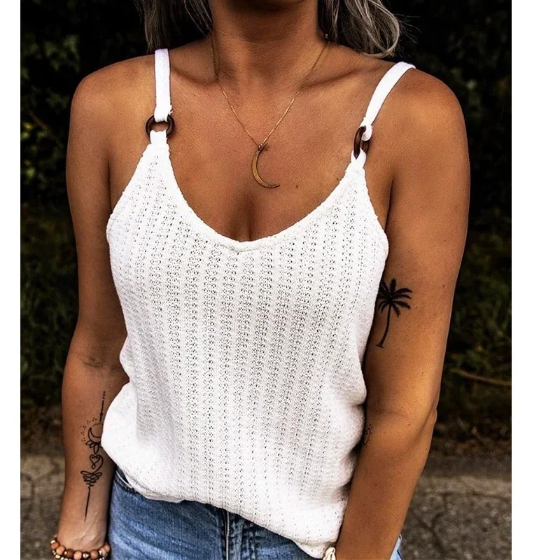 

Nice New Summer Women's Fashion Casual Sleeveless Backless Top Solid Color Sling INS Ladies Off Shoulder Shirt Loose Cammy Tank